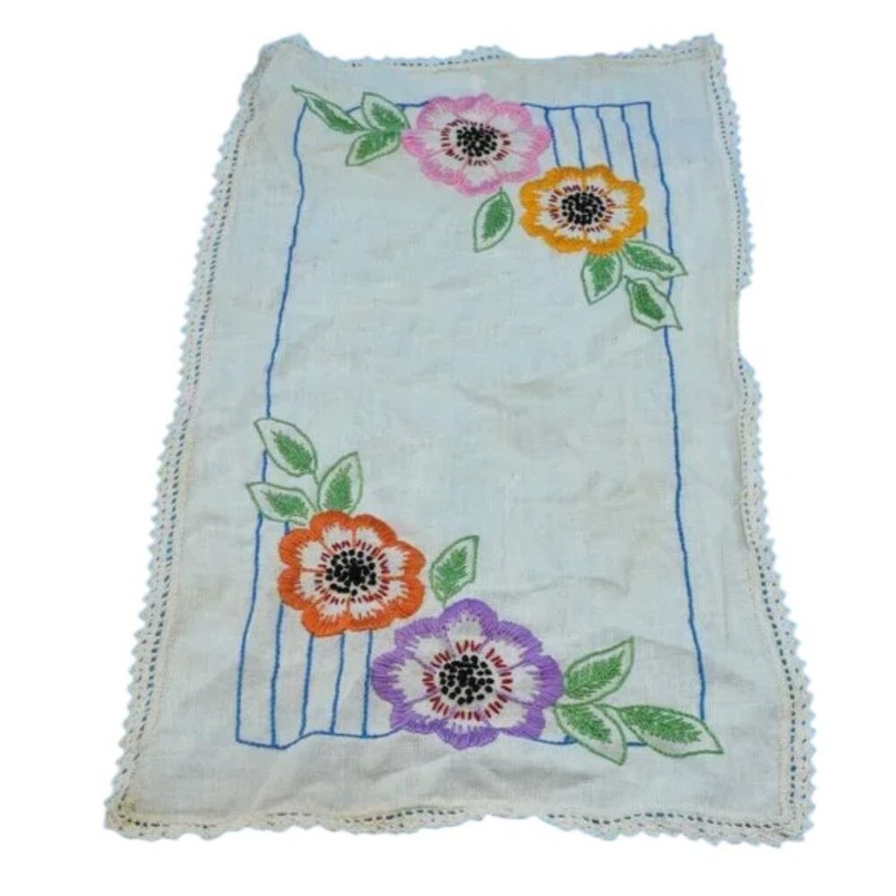 MCM Vintage Floral Hand Embroidered & Crochet Table Runner Granny Core